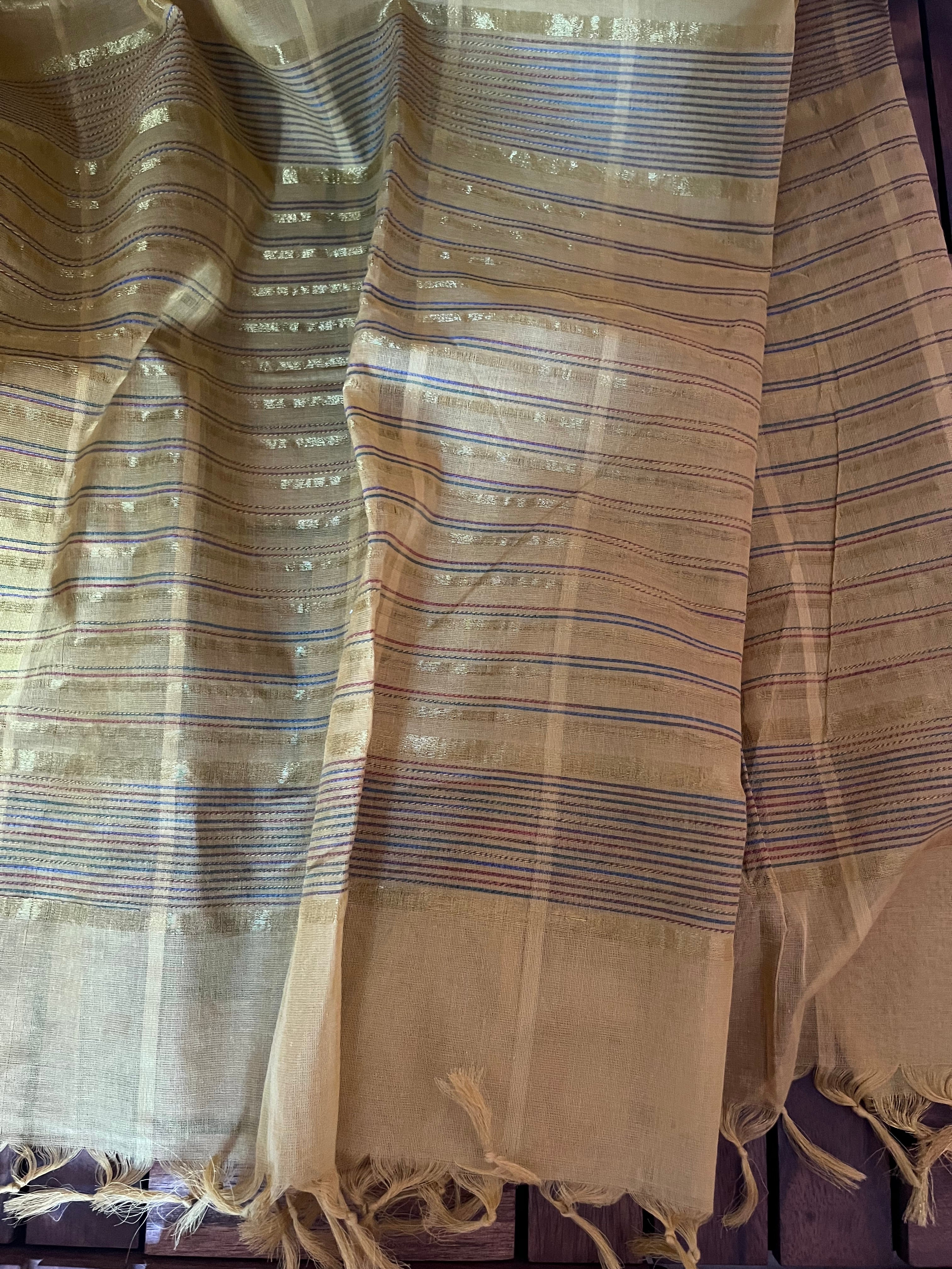 South Cotton Saree with Zari Checkered Border & Running Blouse , Golden Beige, SR1051