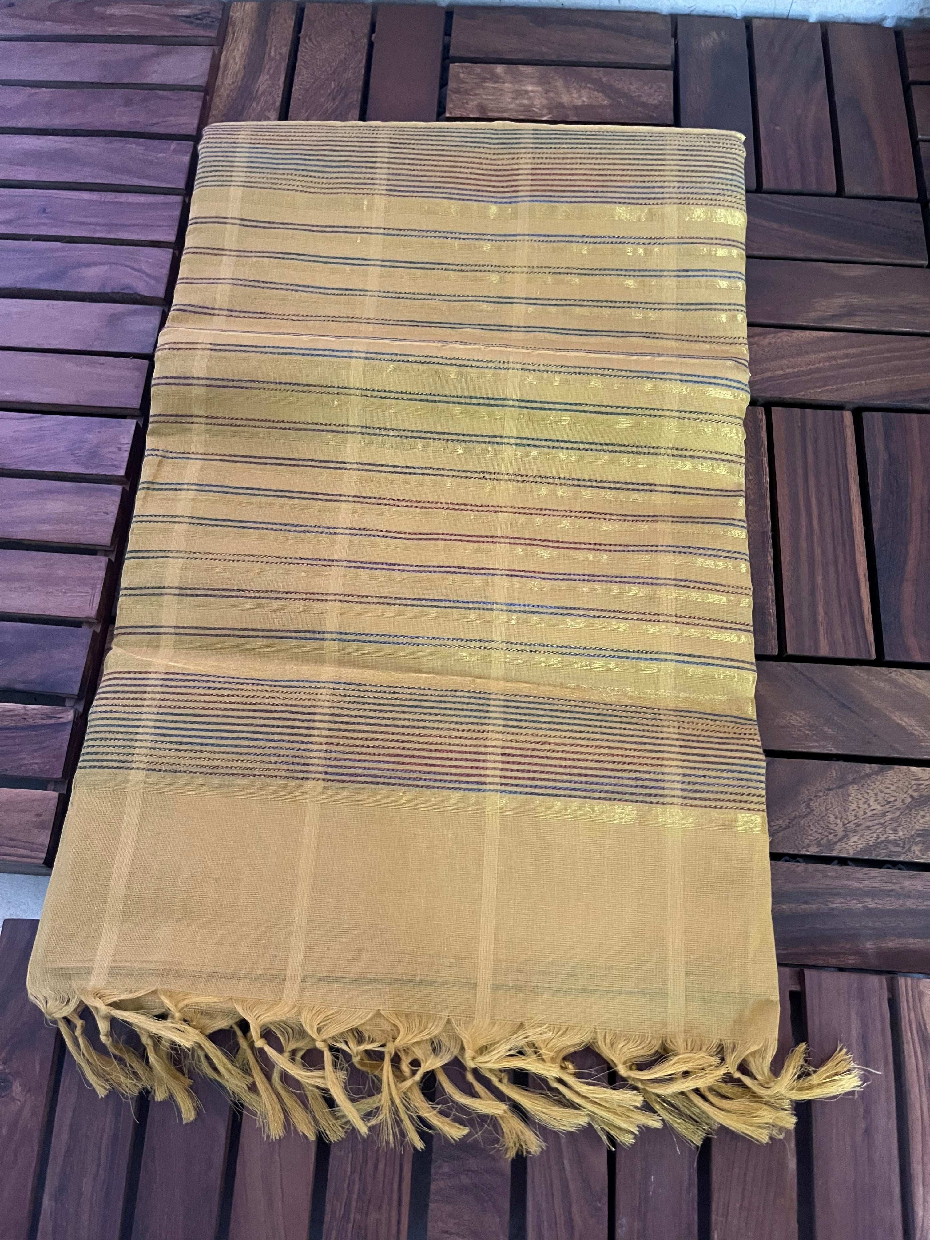 South Cotton Saree with Zari Checkered Border & Running Blouse , Golden Beige, SR1051