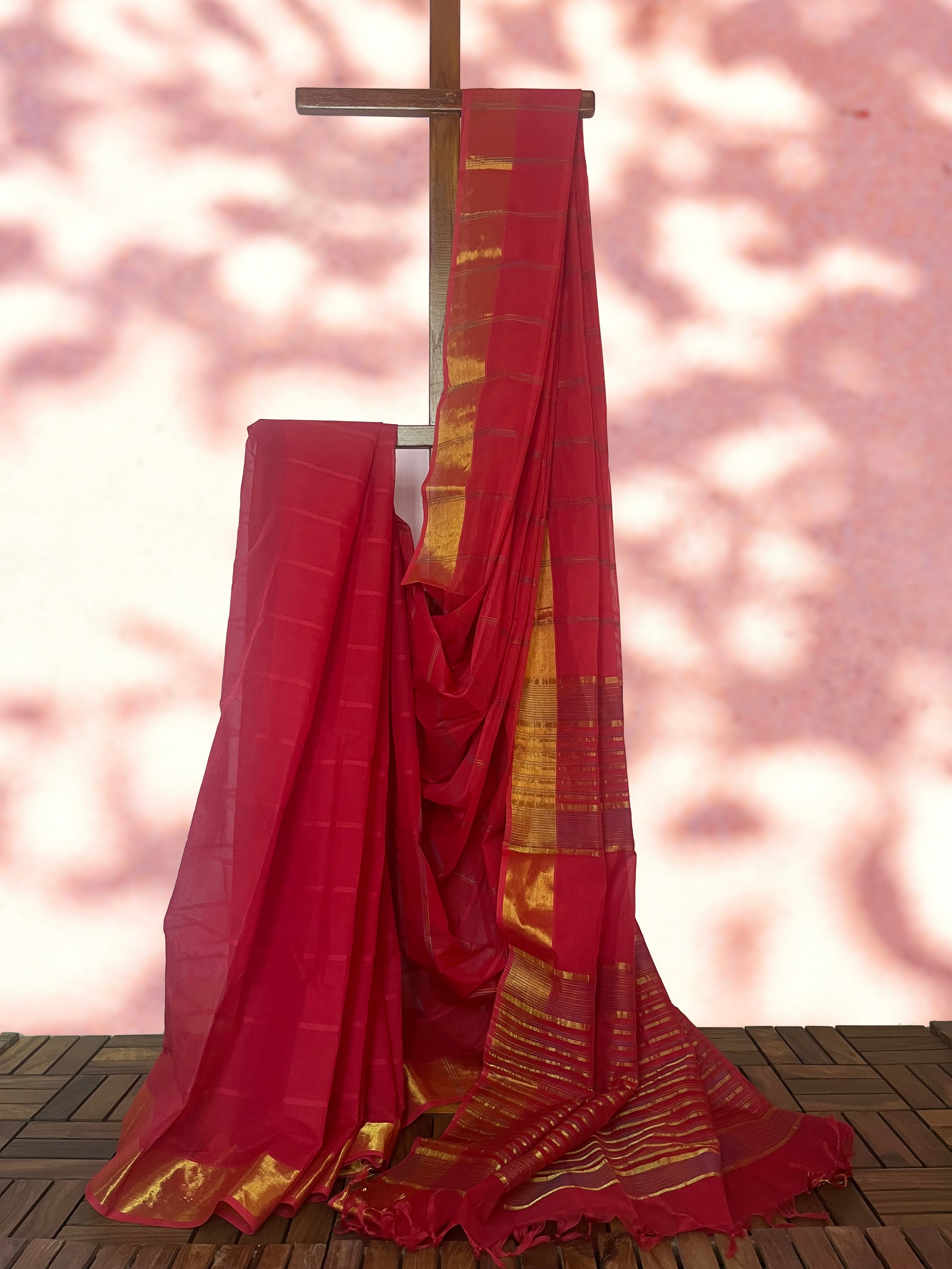 South Cotton Saree with Zari Checkered Border & Running Blouse , Red, SR1052