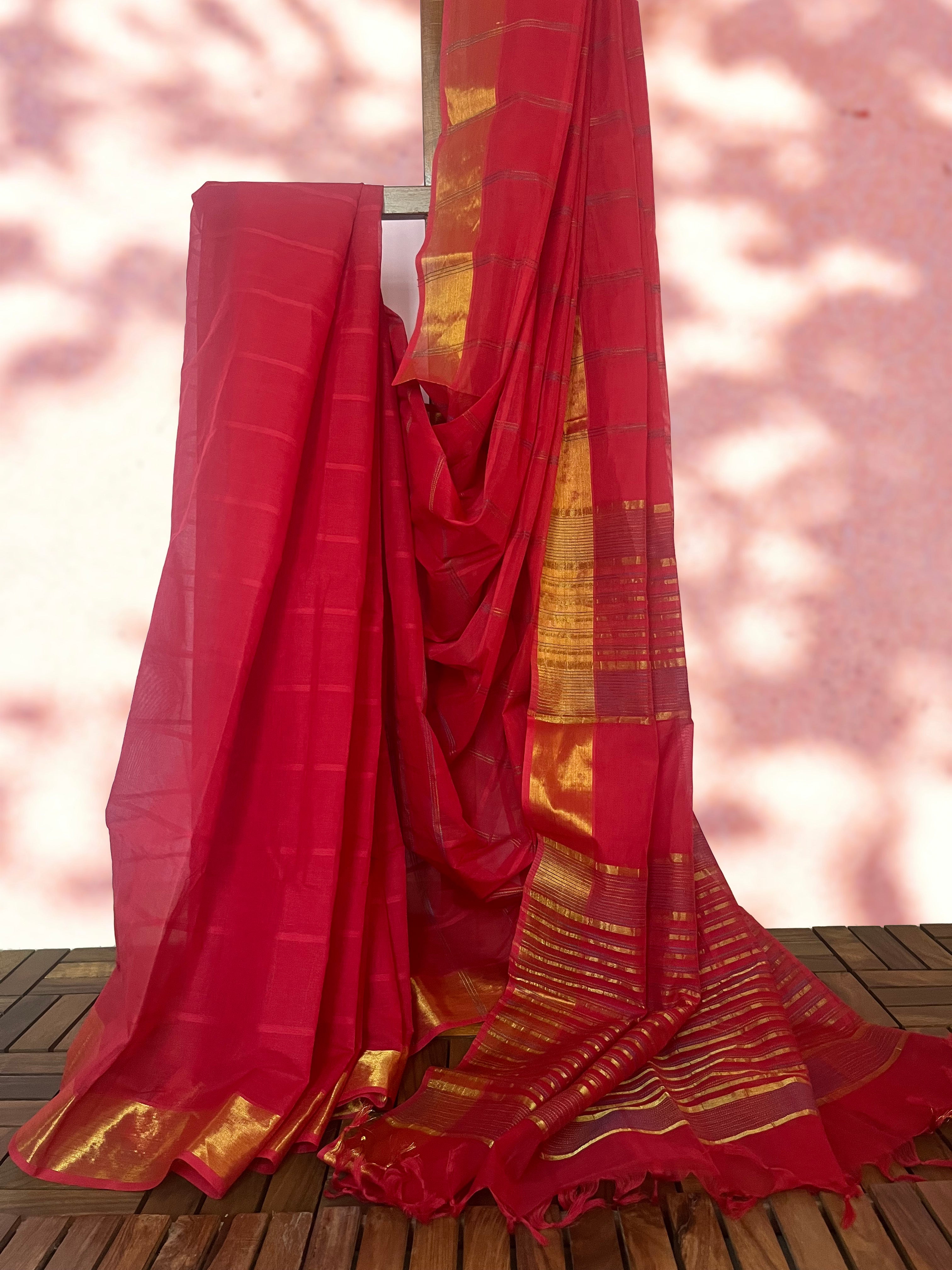 South Cotton Saree with Zari Checkered Border & Running Blouse , Red, SR1052
