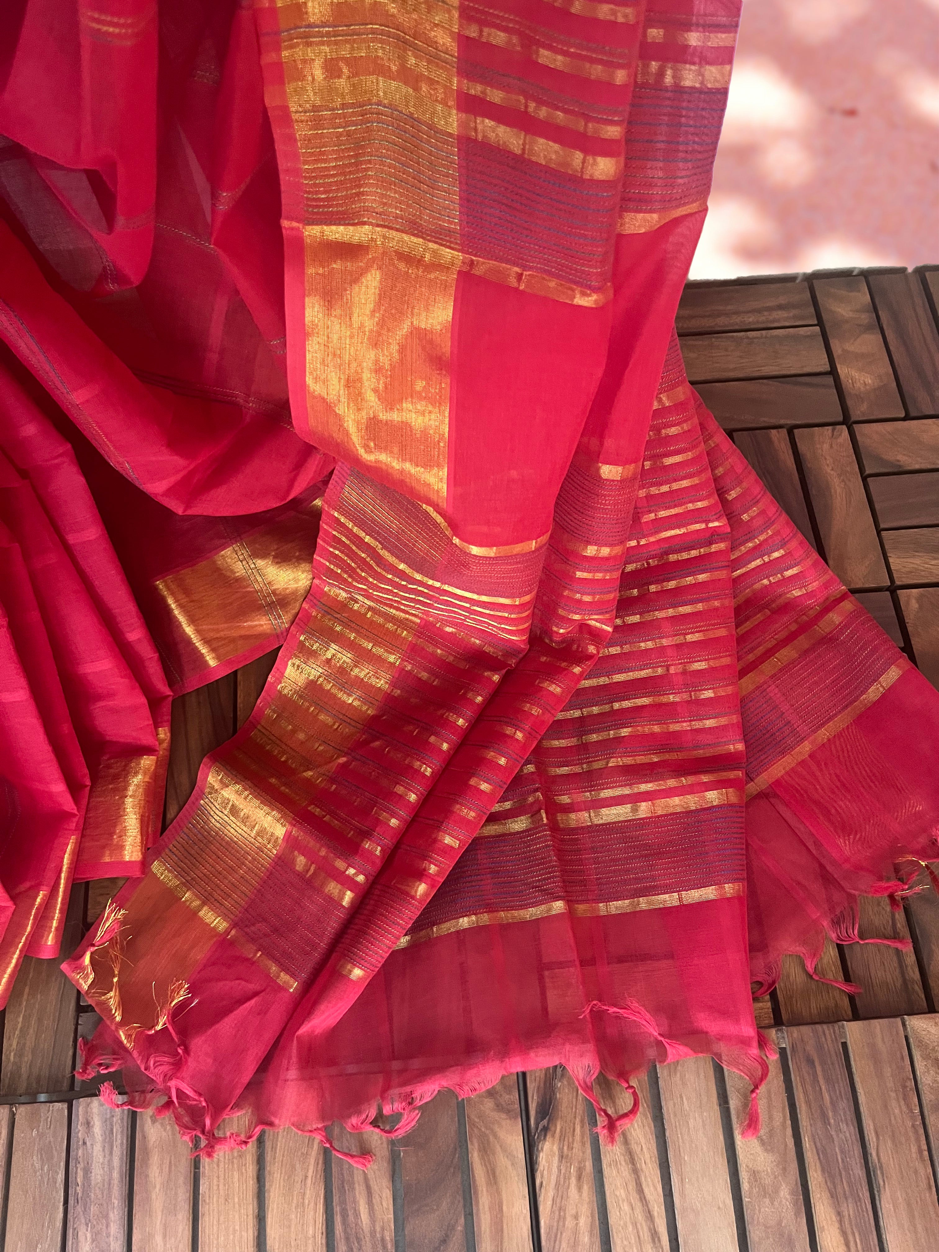 South Cotton Saree with Zari Checkered Border & Running Blouse , Red, SR1052