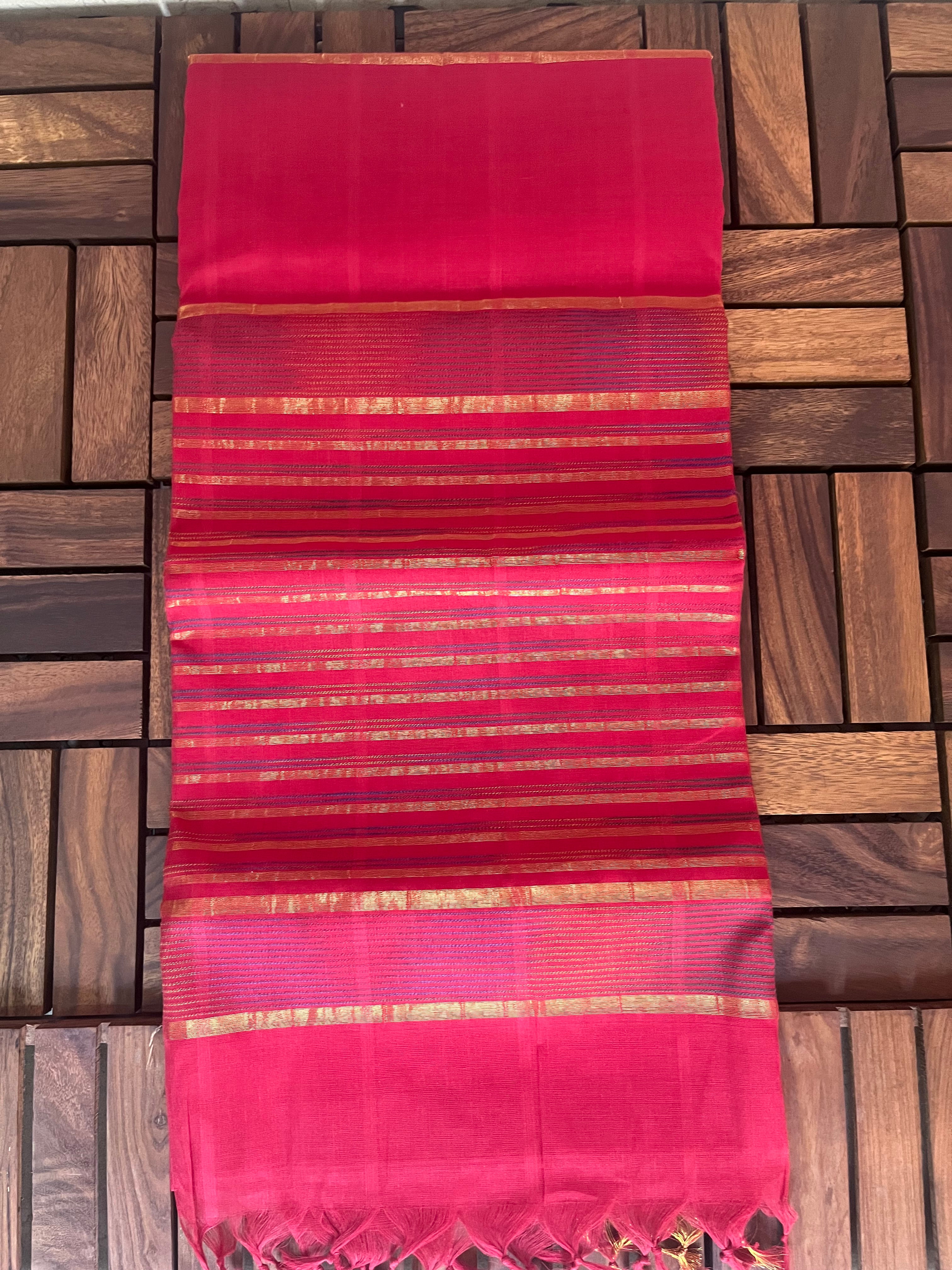 South Cotton Saree with Zari Checkered Border & Running Blouse , Red, SR1052