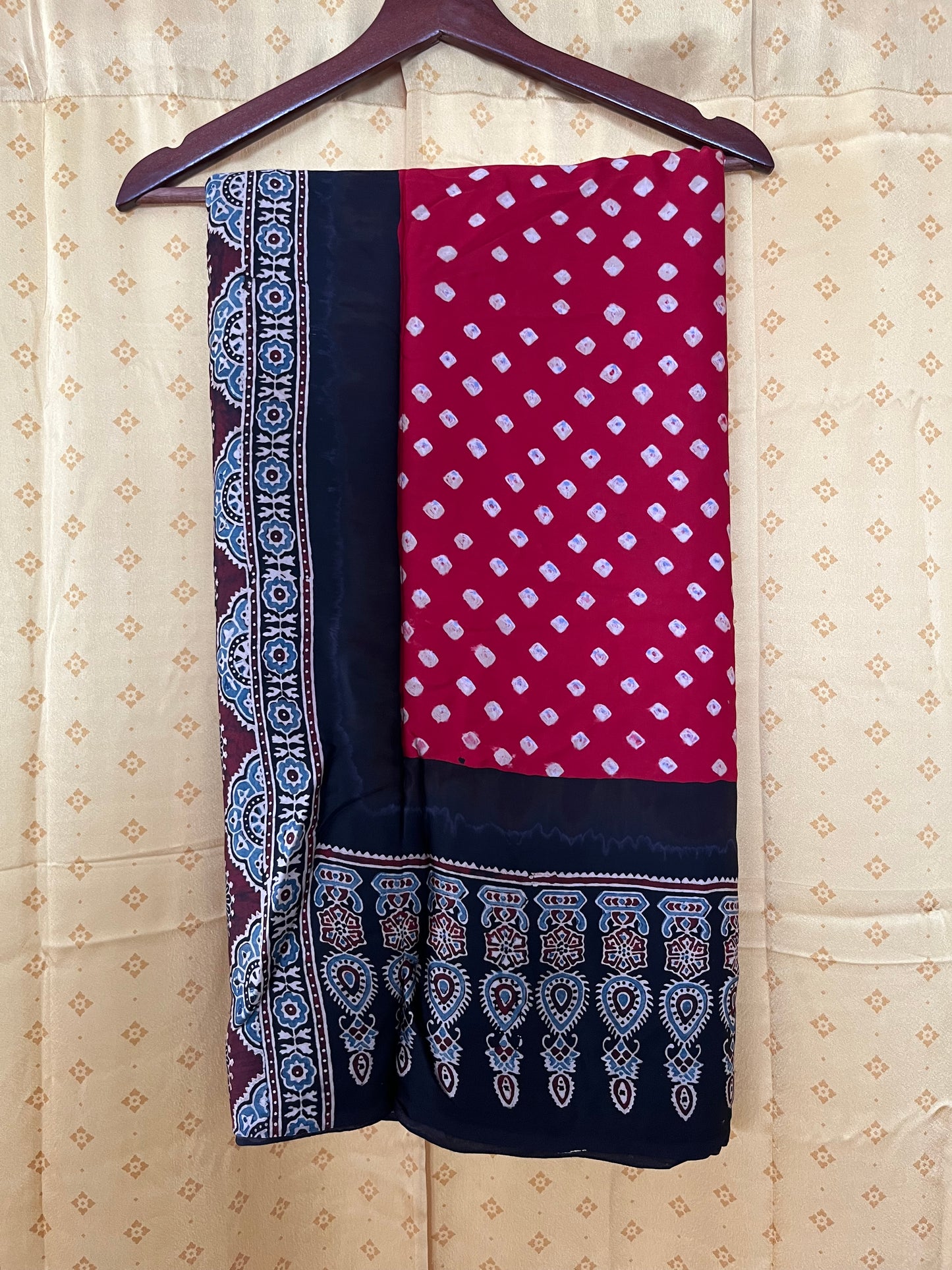 Red & Black Modal Silk Bandhani - Ajrakh Saree with Blouse Piece, SS1023