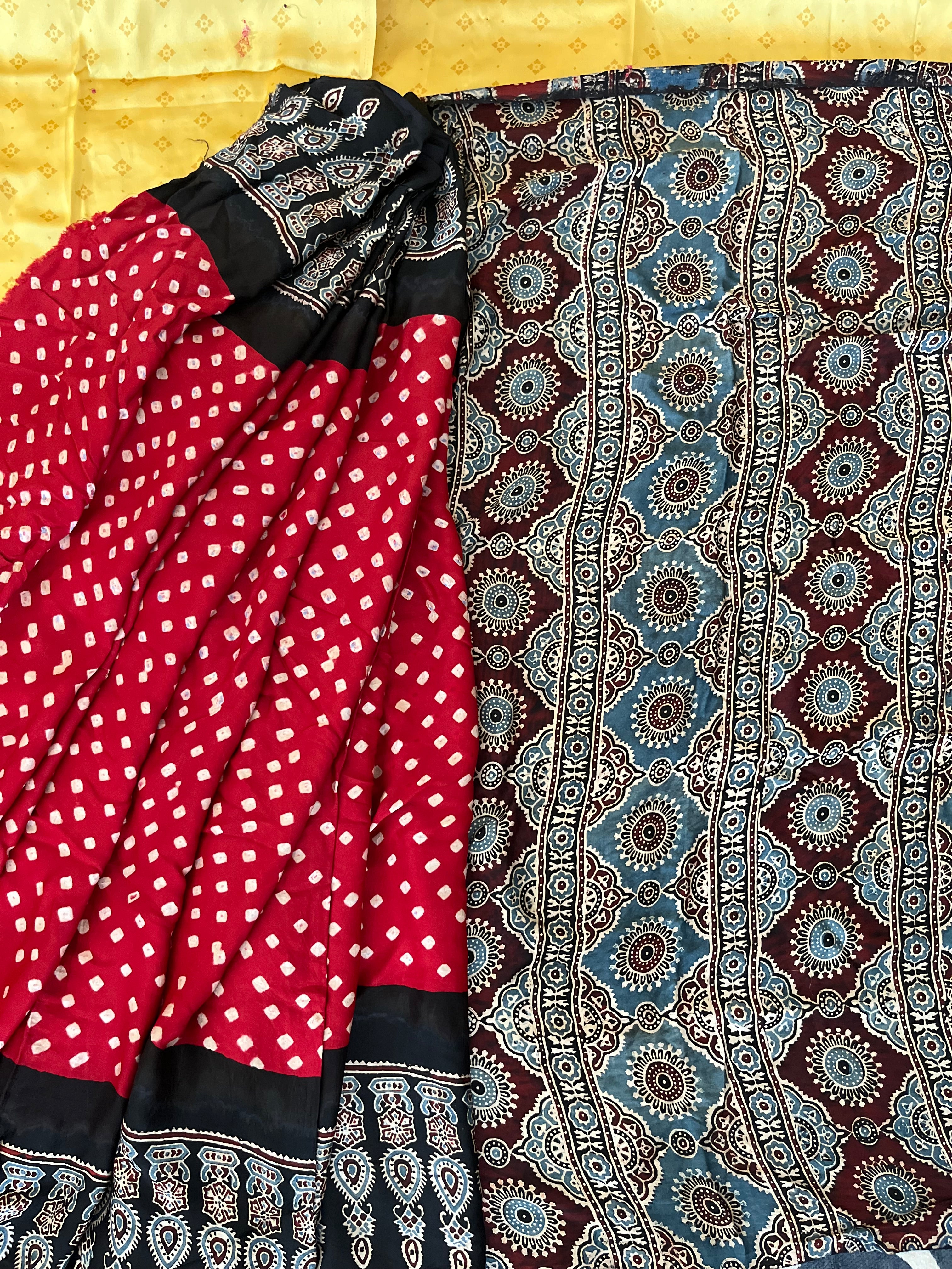 Red & Black Modal Silk Bandhani - Ajrakh Saree with Blouse Piece, SS1023