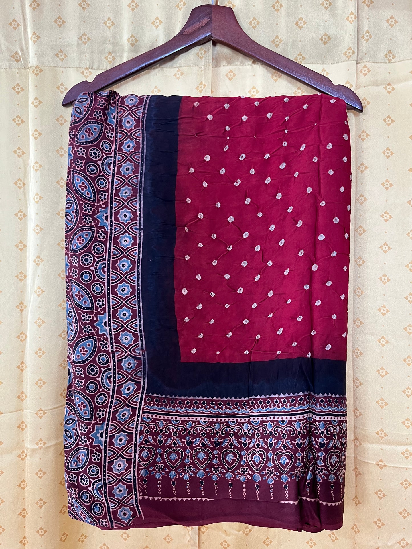 Deep Maroon & Brown Modal Silk Bandhani - Ajrakh Saree with Blouse Piece, SS1022