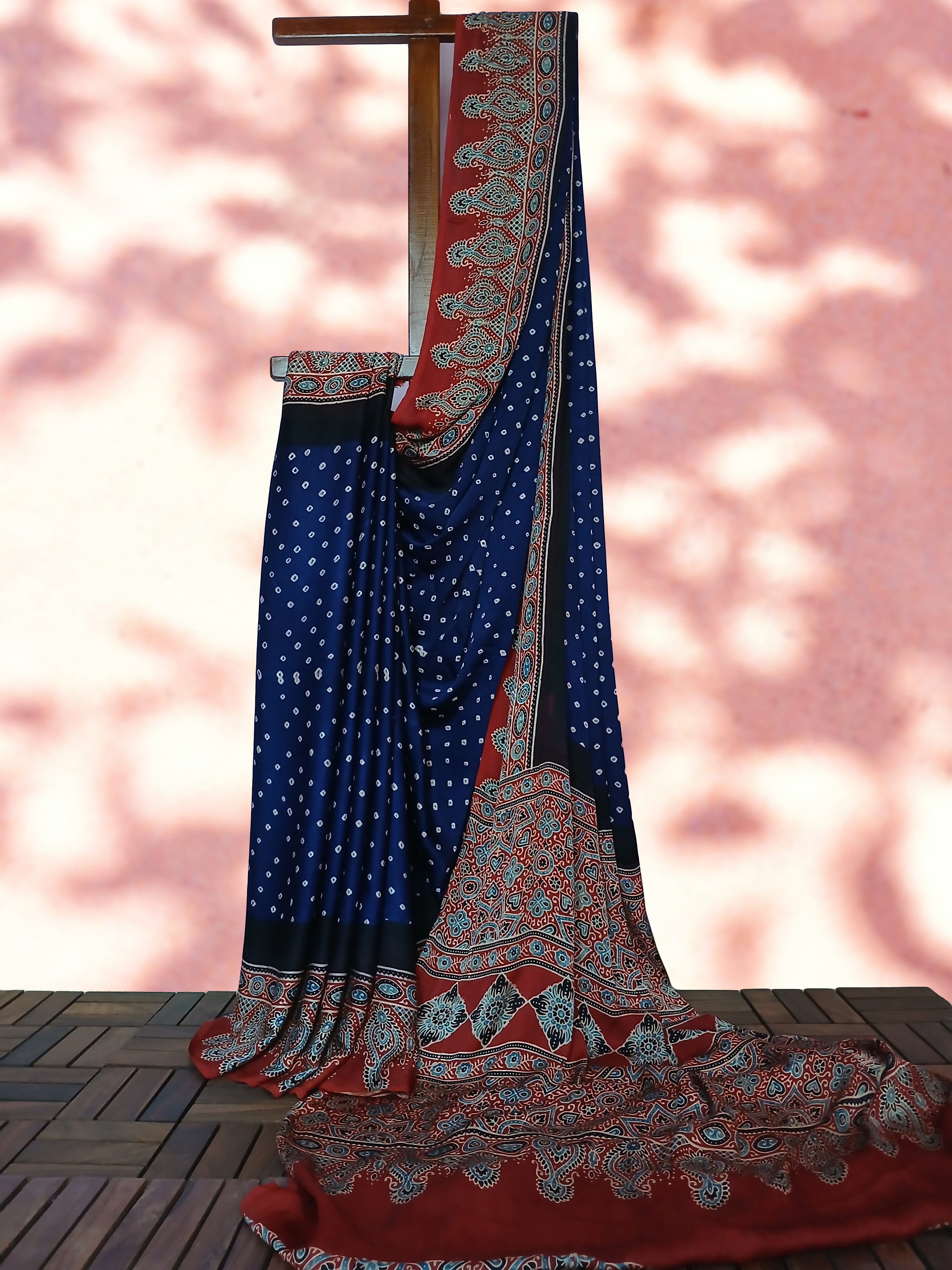 Ajrakh Bandhani Modal Silk Saree with Ajrakh Blouse Piece ,Midnight Blue - Ruby Red SS1031 Ajrakh Bandhani Modal Silk Saree with Ajrakh Blouse Piece ,Midnight Blue - Ruby Red SS1031