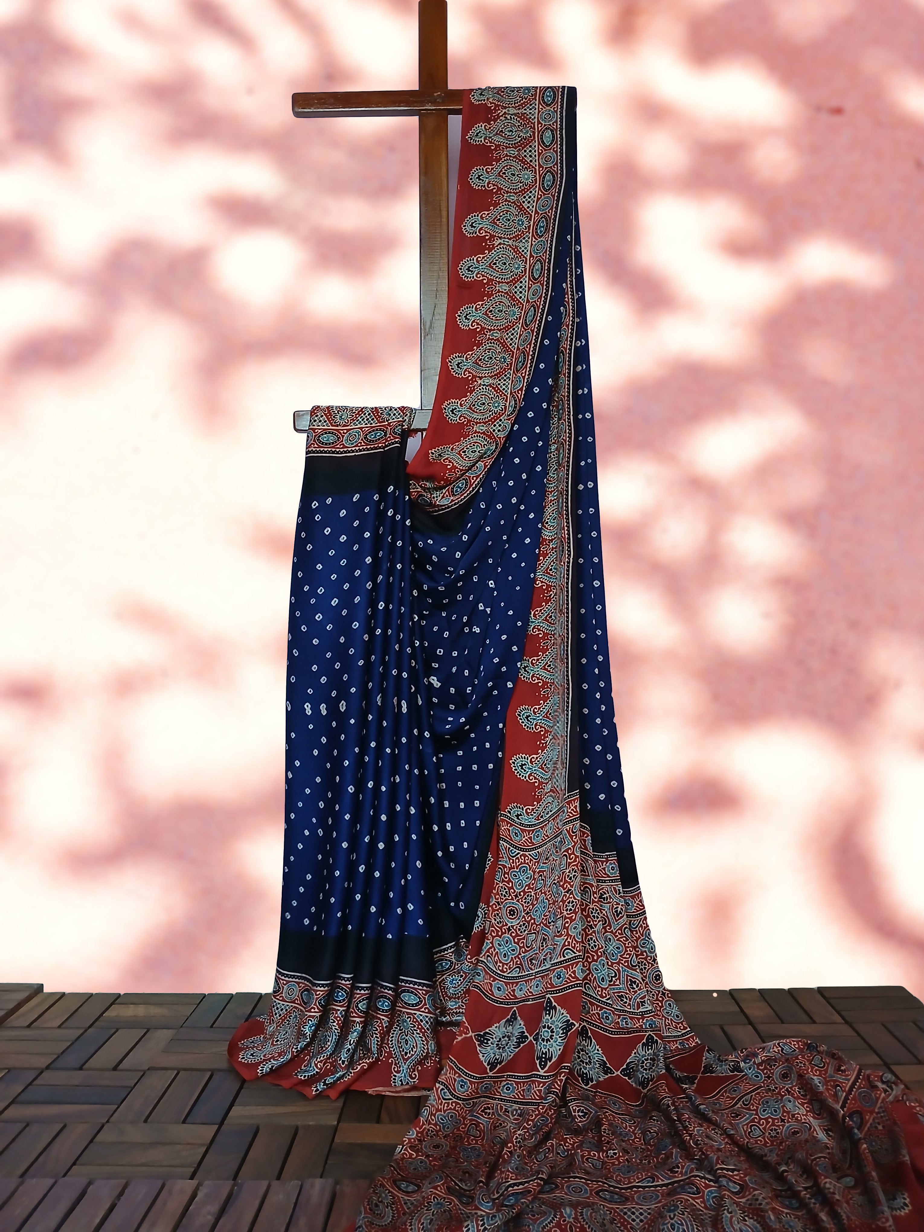 Ajrakh Bandhani Modal Silk Saree with Ajrakh Blouse Piece ,Midnight Blue - Ruby Red SS1031 Ajrakh Bandhani Modal Silk Saree with Ajrakh Blouse Piece ,Midnight Blue - Ruby Red SS1031