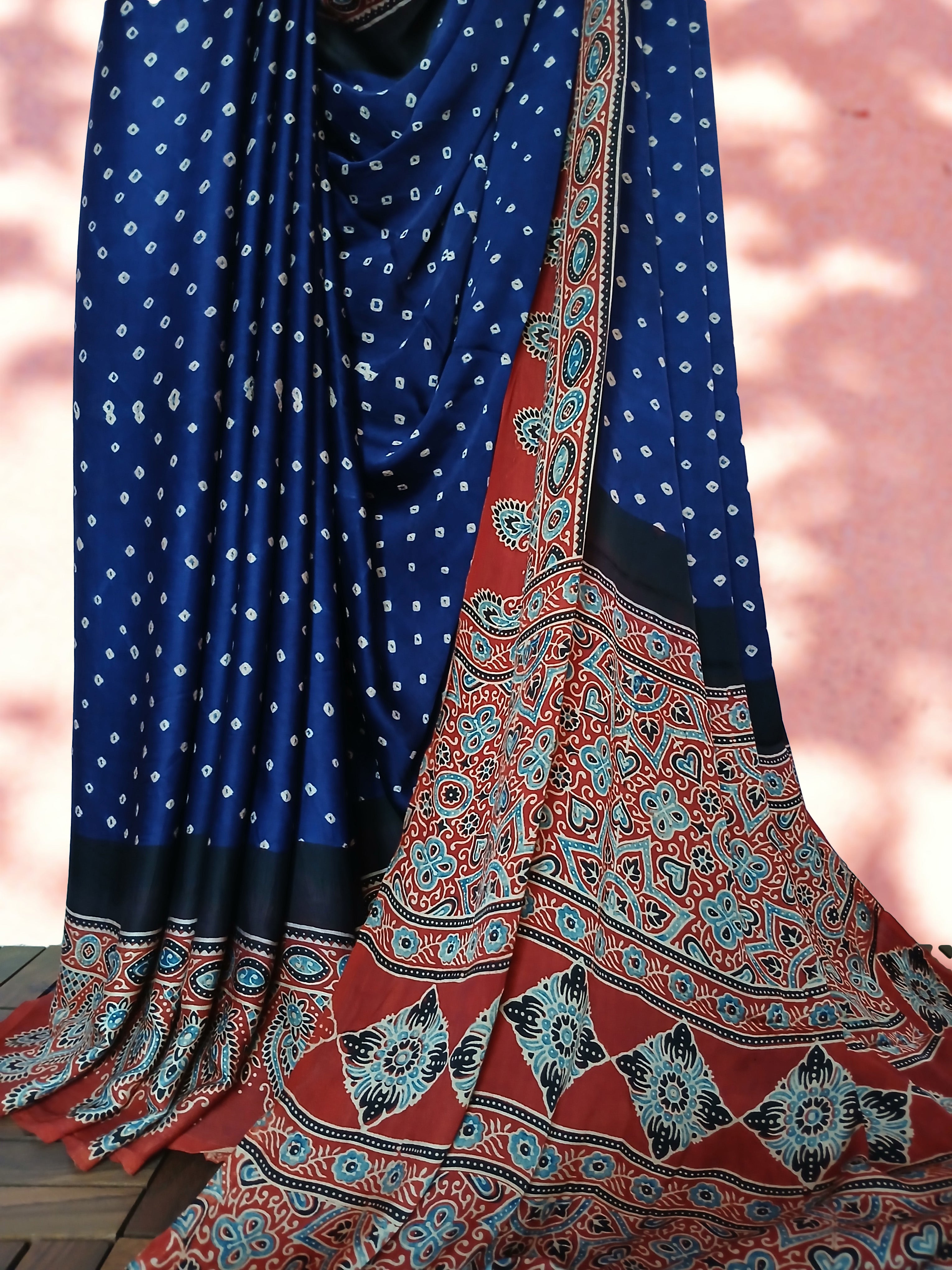 Ajrakh Bandhani Modal Silk Saree with Ajrakh Blouse Piece ,Midnight Blue - Ruby Red SS1031 Ajrakh Bandhani Modal Silk Saree with Ajrakh Blouse Piece ,Midnight Blue - Ruby Red SS1031
