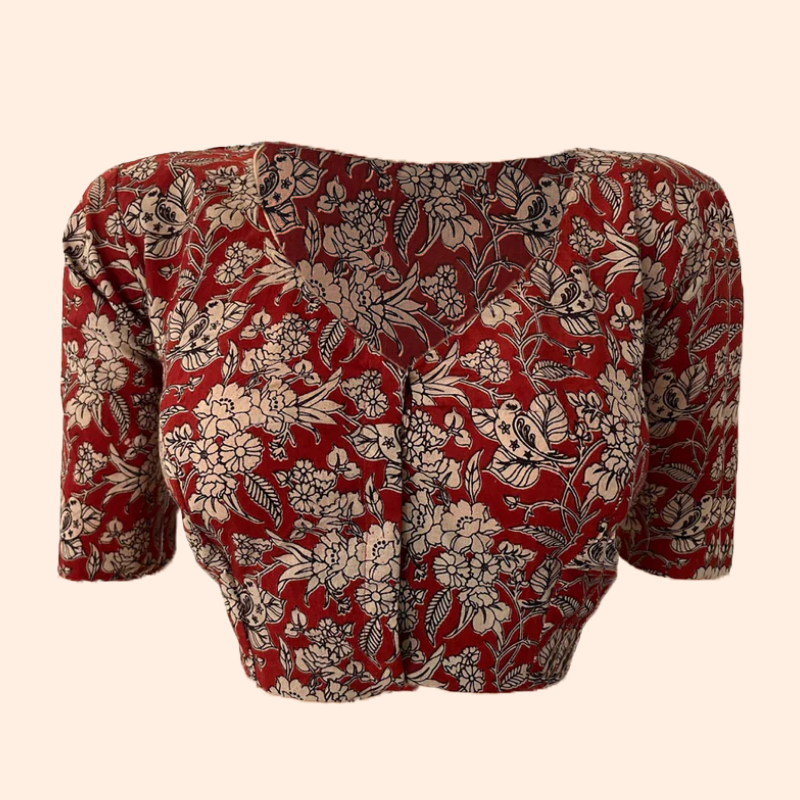 Kalamkari Cotton V neck Blouse, Red, BK1270