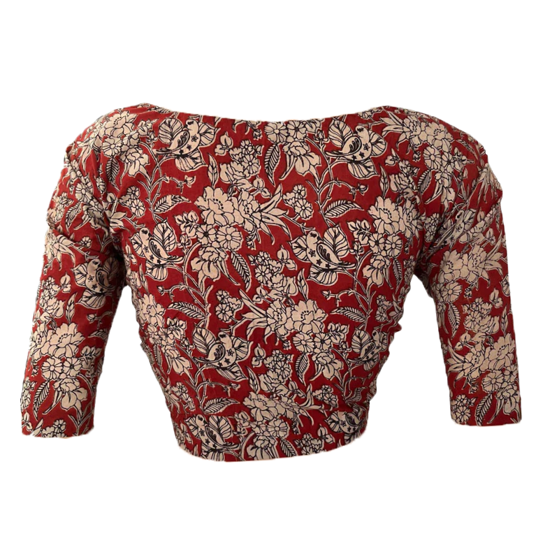 Kalamkari Cotton V neck Blouse, Red, BK1270