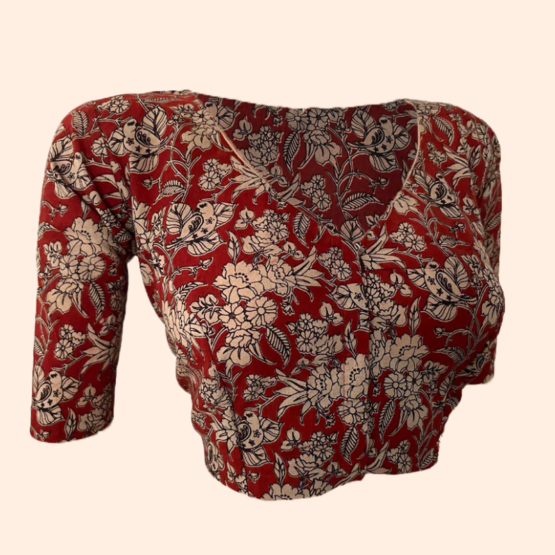 Kalamkari Cotton V neck Blouse, Red, BK1270