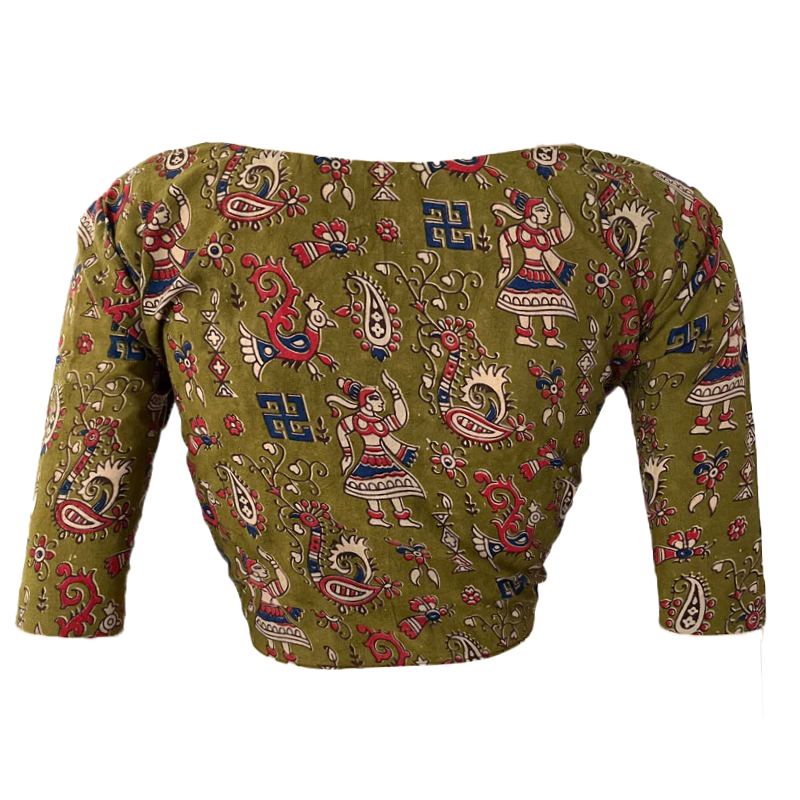 Kalamkari Cotton Round neck Blouse, Olive Green, BK1260