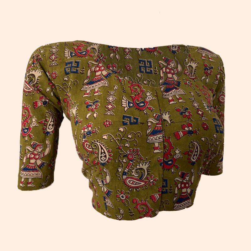 Kalamkari Cotton Round neck Blouse, Olive Green, BK1260