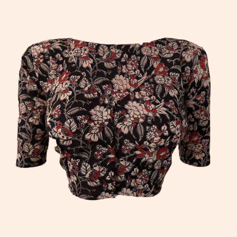 Kalamkari Cotton V neck Blouse, Black, BK1261