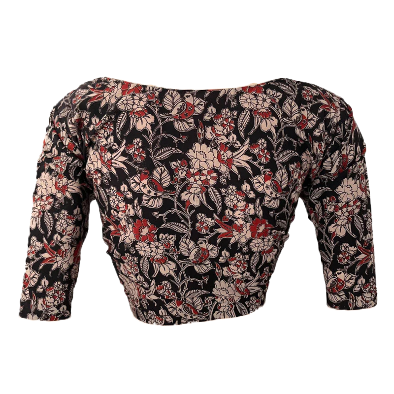 Kalamkari Cotton V neck Blouse, Black, BK1261