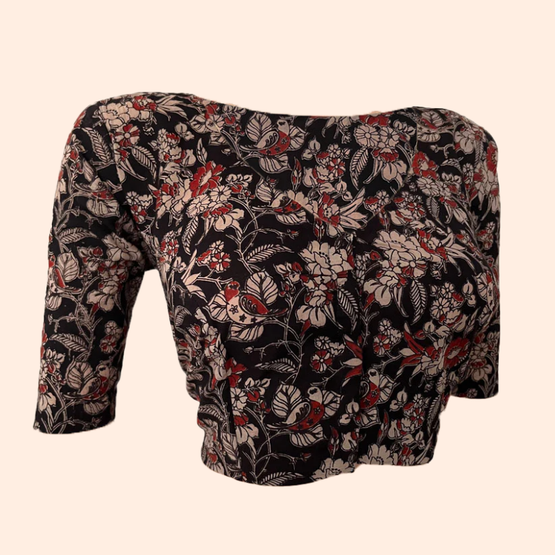 Kalamkari Cotton V neck Blouse, Black, BK1261