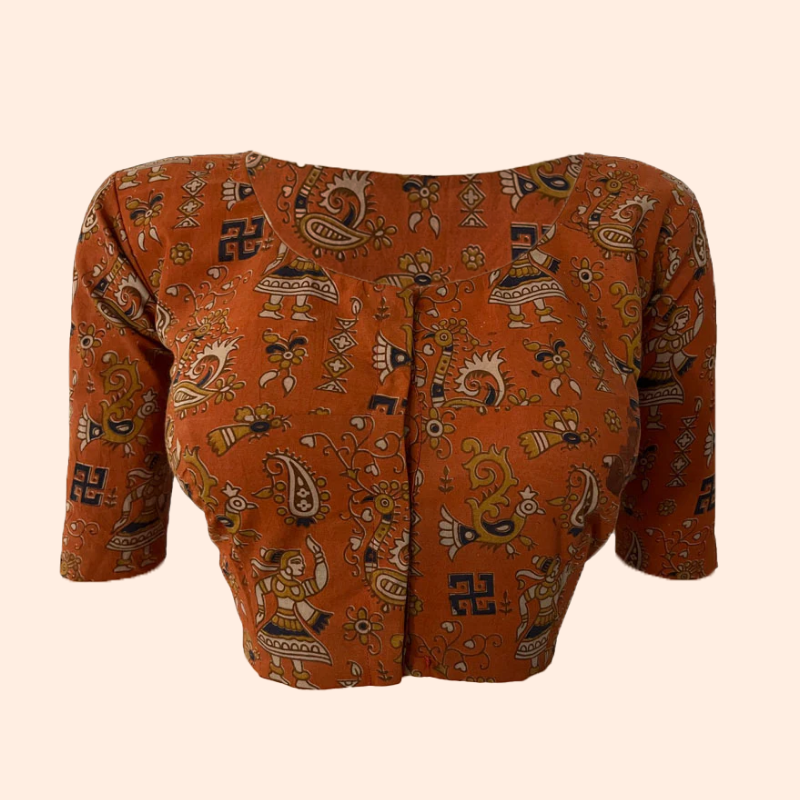 Kalamkari Cotton Round neck Blouse, Orange, BK1258
