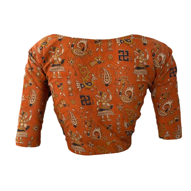 Kalamkari Cotton Round neck Blouse, Orange, BK1258