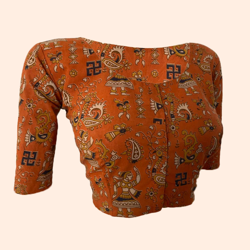 Kalamkari Cotton Round neck Blouse, Orange, BK1258