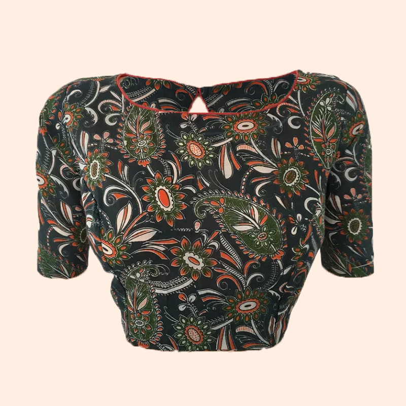 Kalamkari Cotton Boat neck Blouse with Keyhole Back, Backopen, Multicolor, BK1155