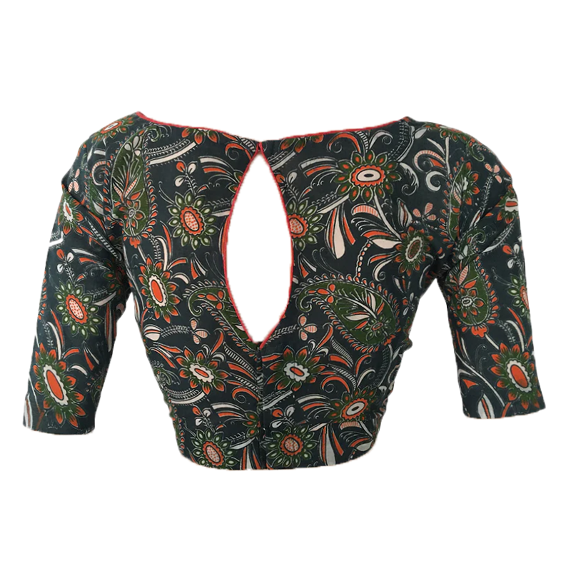 Kalamkari Cotton Boat neck Blouse with Keyhole Back, Backopen, Multicolor, BK1155