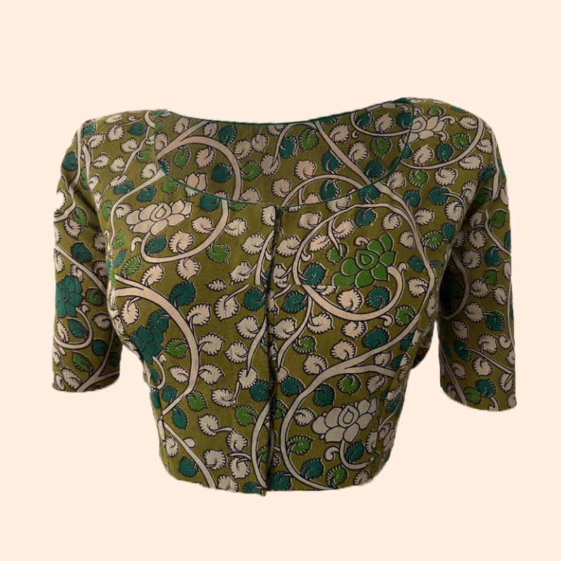 Kalamkari Cotton Round neck Blouse, Olive Green, BK1255