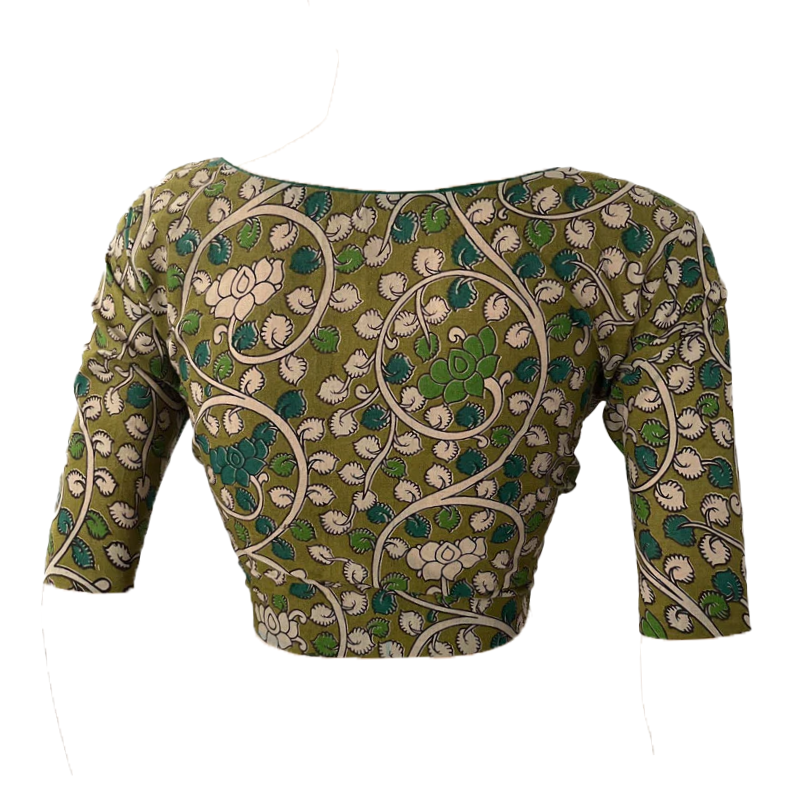 Kalamkari Cotton Round neck Blouse, Olive Green, BK1255