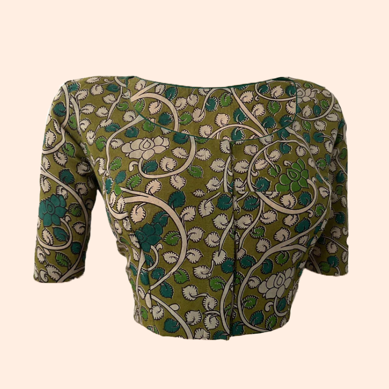 Kalamkari Cotton Round neck Blouse, Olive Green, BK1255