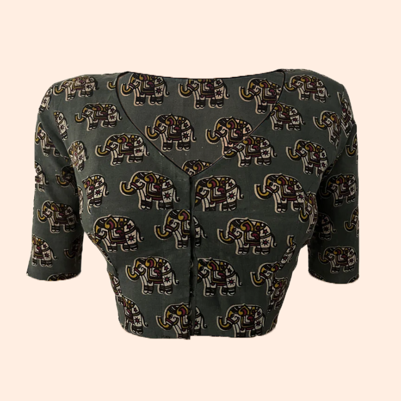 Kalamkari Cotton V neck Blouse, Grey, BK1254
