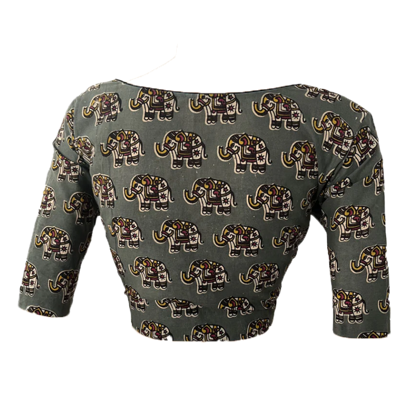 Kalamkari Cotton V neck Blouse, Grey, BK1254