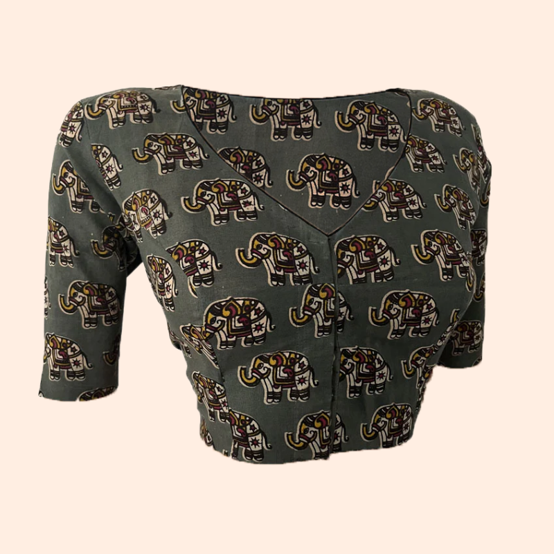 Kalamkari Cotton V neck Blouse, Grey, BK1254