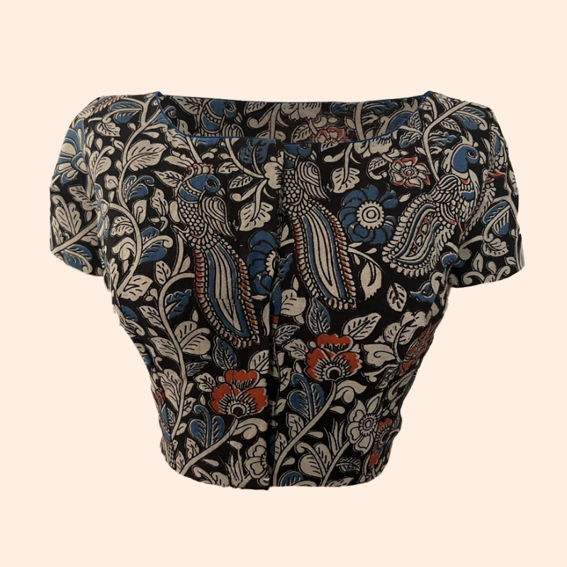 Kalamkari Cotton Boat neck Blouse with Short Sleeves, Black, BK1249