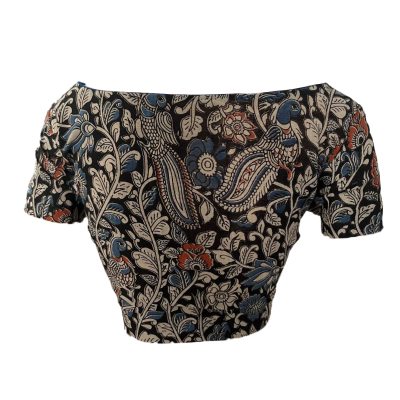 Kalamkari Cotton Boat neck Blouse with Short Sleeves, Black, BK1249
