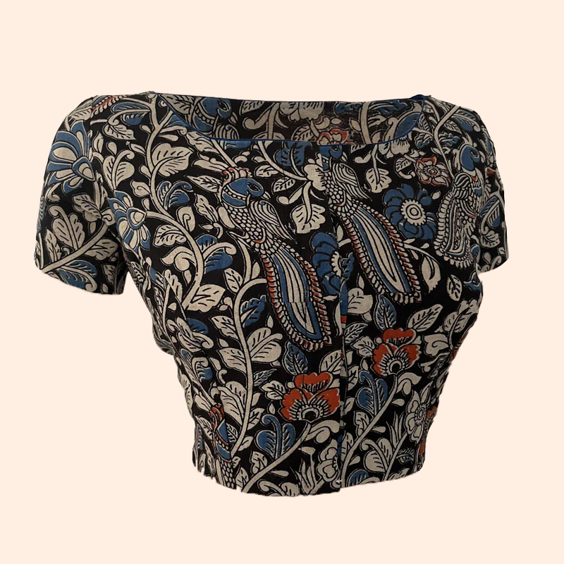 Kalamkari Cotton Boat neck Blouse with Short Sleeves, Black, BK1249