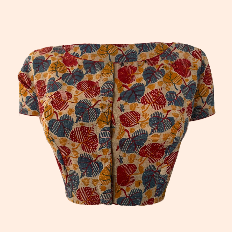 Kalamkari Cotton Boat neck Blouse with Short Sleeves, Multicolor, BK1248