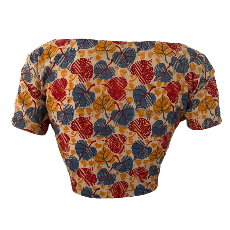 Kalamkari Cotton Boat neck Blouse with Short Sleeves, Multicolor, BK1248