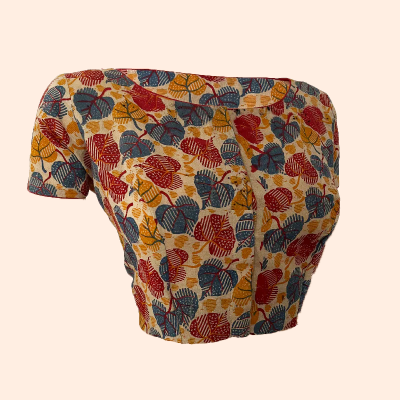 Kalamkari Cotton Boat neck Blouse with Short Sleeves, Multicolor, BK1248