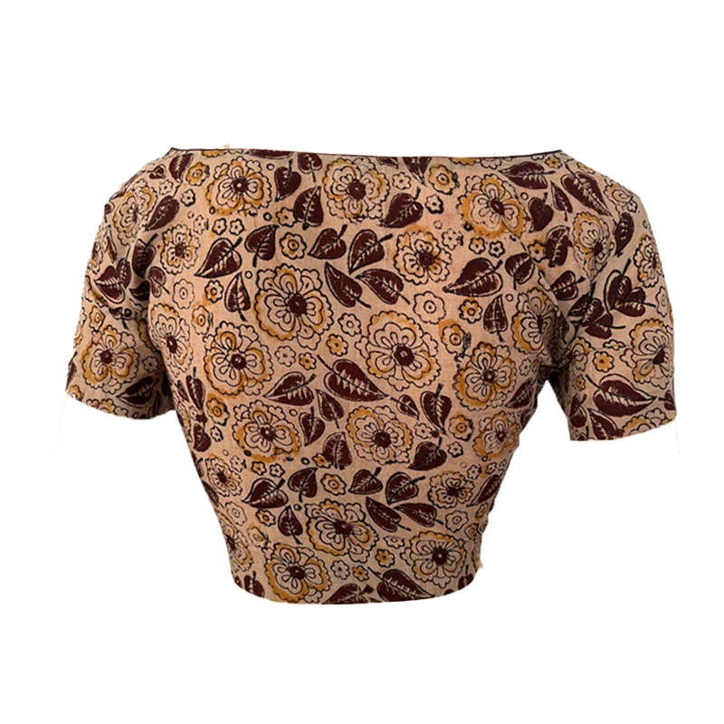 Kalamkari Cotton Boat neck Blouse with Short Sleeves, Beige, BK1238