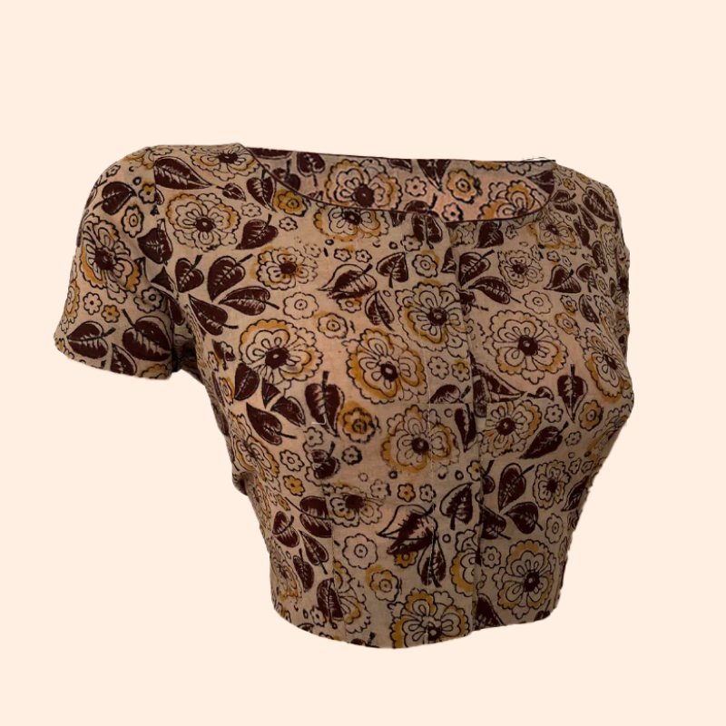 Kalamkari Cotton Boat neck Blouse with Short Sleeves, Beige, BK1238