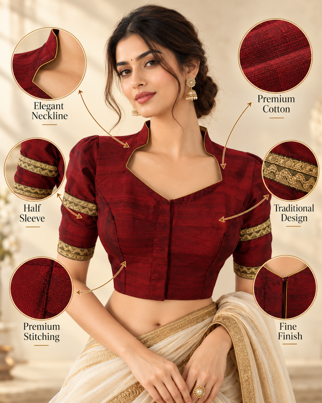 Pure Raw Silk Highneck Blouse with Puff Sleeves, Zari Lace & Metail Details, Maroon, BS1139