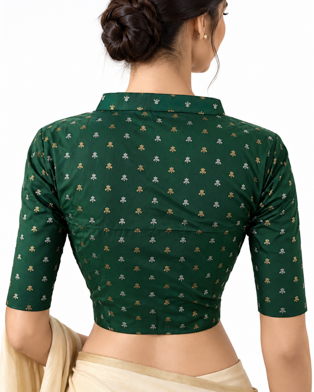 Banarasi Art Silk Collar Neck Blouse with Golden and Silver Butta & Lining, Bottle Green, BS1176