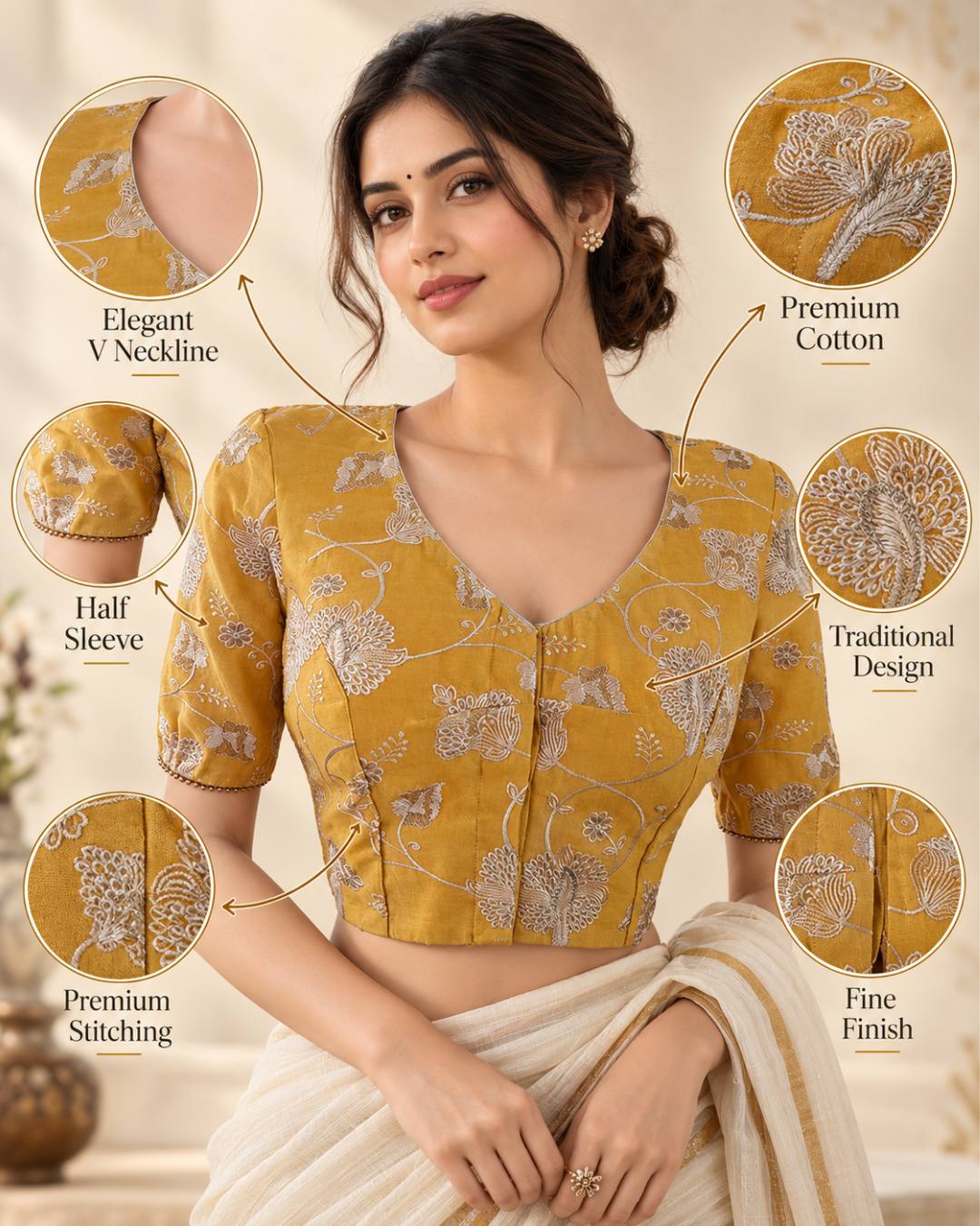 Embroidered Chanderi Silk V neck Blouse with Gathered Sleeves & Bead Details, Yellow, BS1102