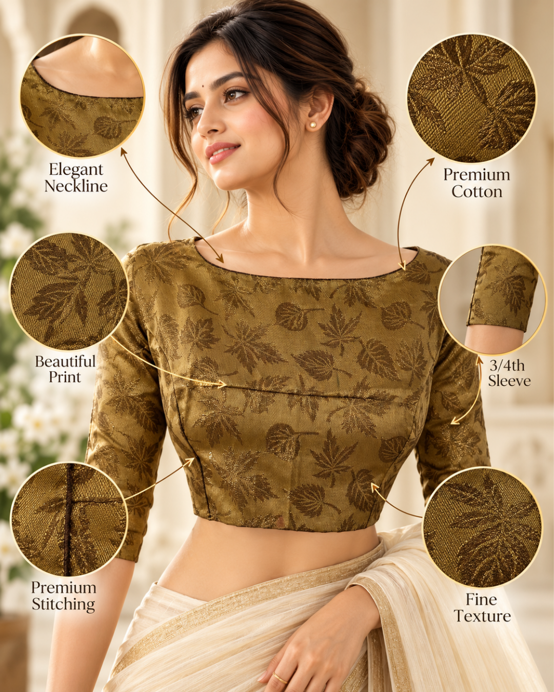 Banarasi Brocade Silk Boatneck Blouse with Lining, Backopen, Golden Beige, BS1152
