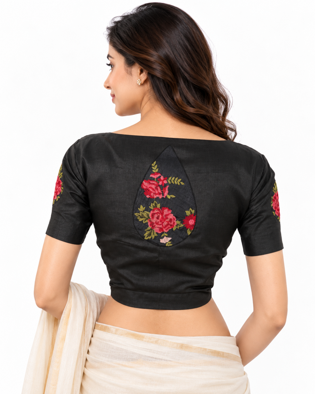 Pure Tusar Scallop Neck Blouse with Embroidery Patches, Short Sleeves and Lining , Balck , BL1010.