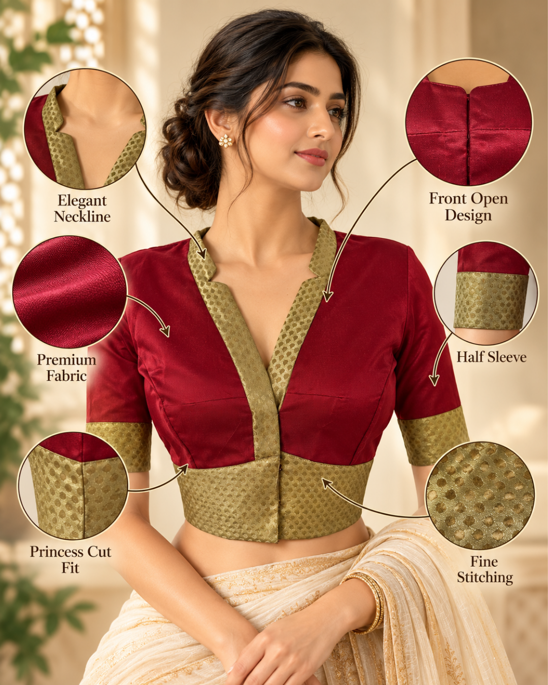 Art Silk V Collar with Banarasi Brocade Patches Blouse and Lining, Beige -Maroon ,BS1185