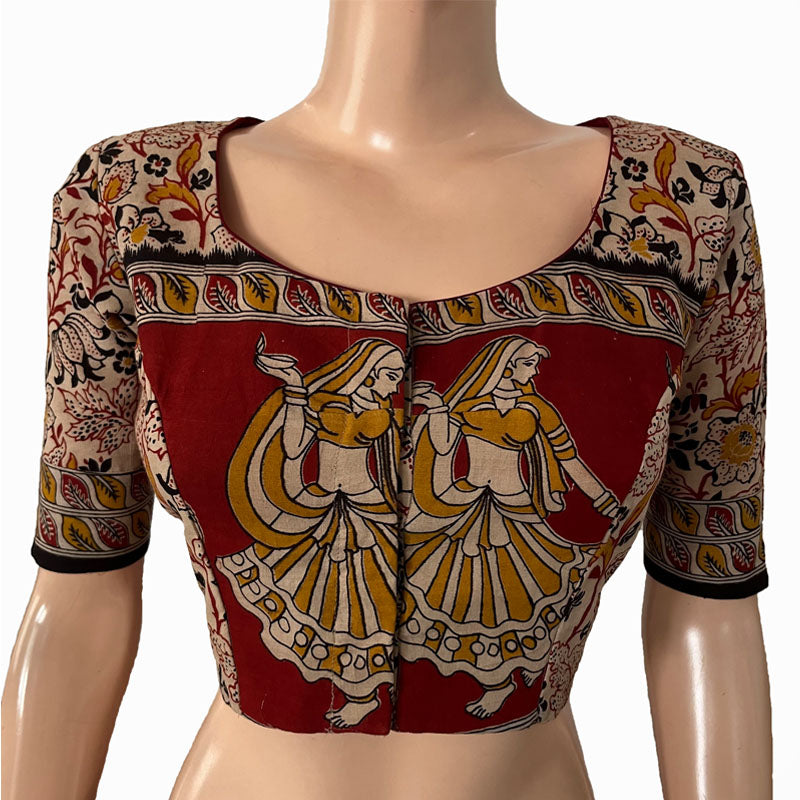 Kalamkari Mul Cotton Round neck Blouse with Lining, Beige - Red, BK1278