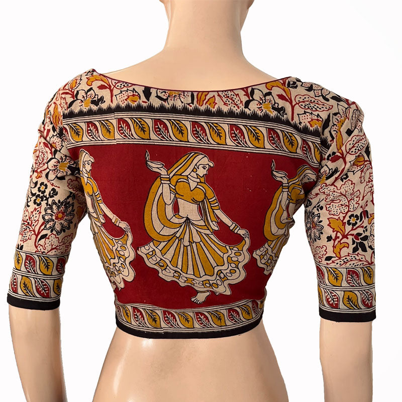 Kalamkari Mul Cotton Round neck Blouse with Lining, Beige - Red, BK1278