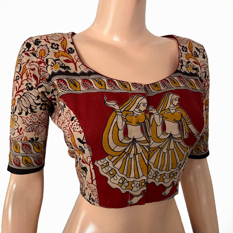Kalamkari Mul Cotton Round neck Blouse with Lining, Beige - Red, BK1278