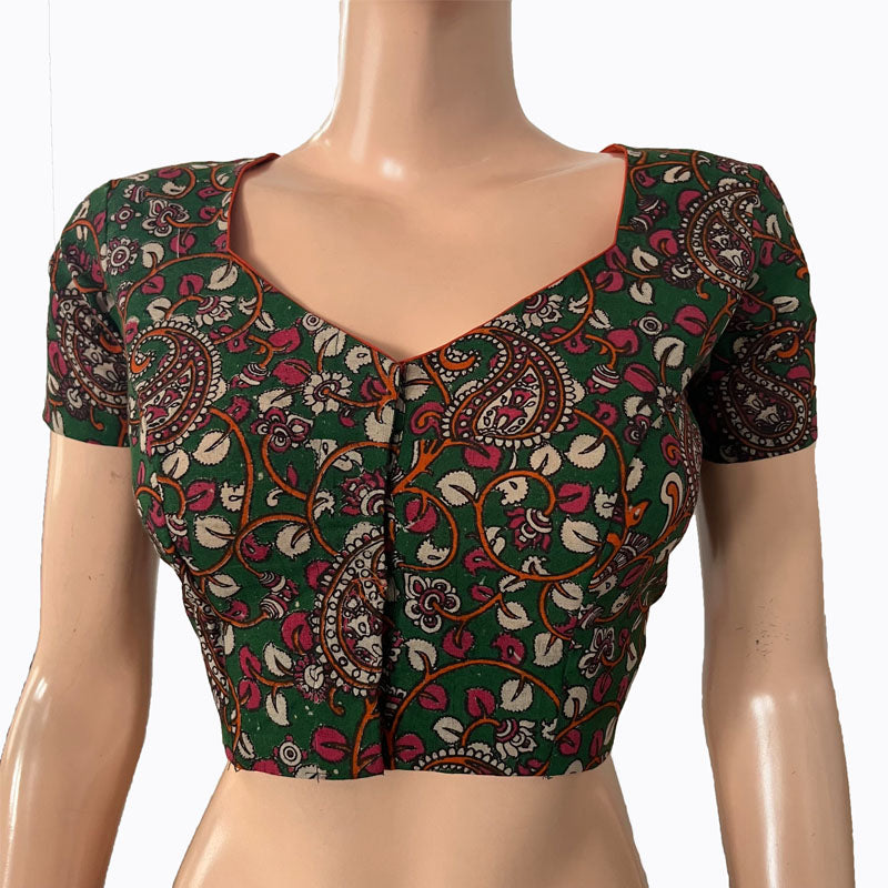 Kalamkari Cotton Sweetheart neck Blouse with Short Sleeves, Green, BK1279