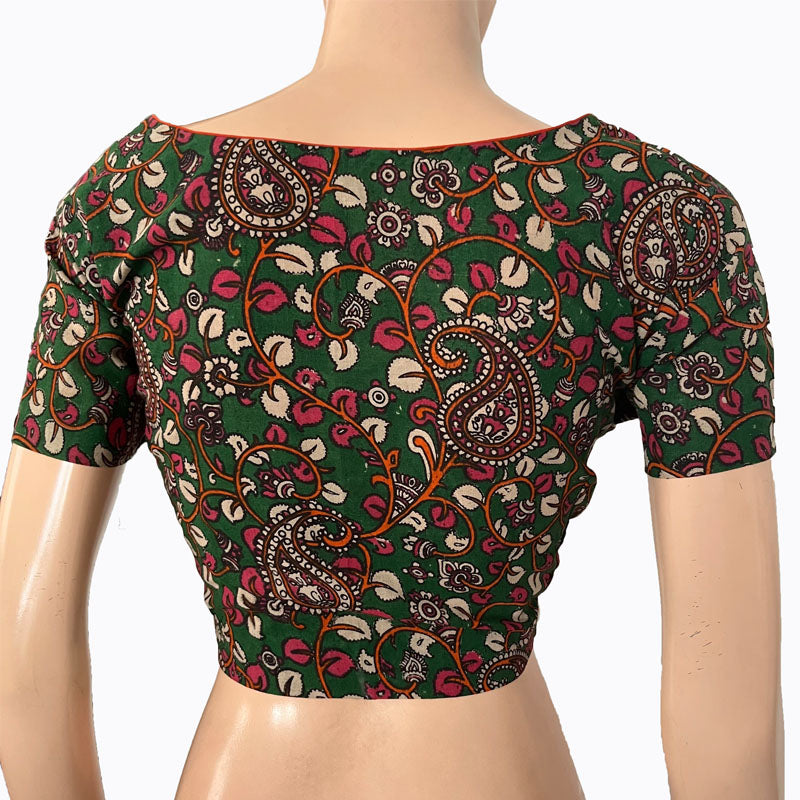Kalamkari Cotton Sweetheart neck Blouse with Short Sleeves, Green, BK1279